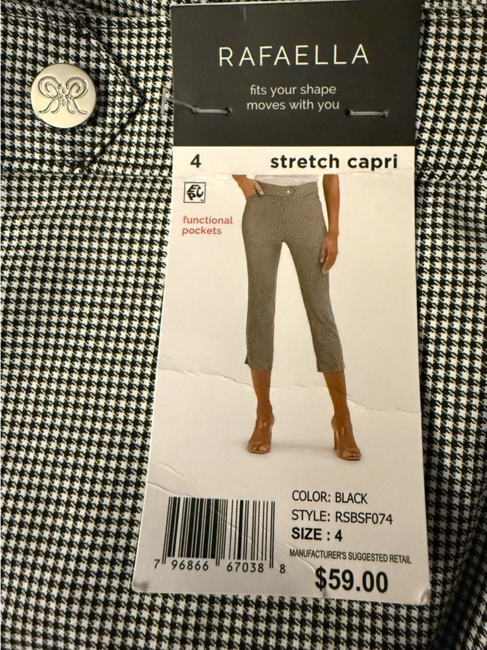 Rafaella Women's 23" Inseam Comfort Stretch Capri Pant-Sz 4 B&W Checkered)
